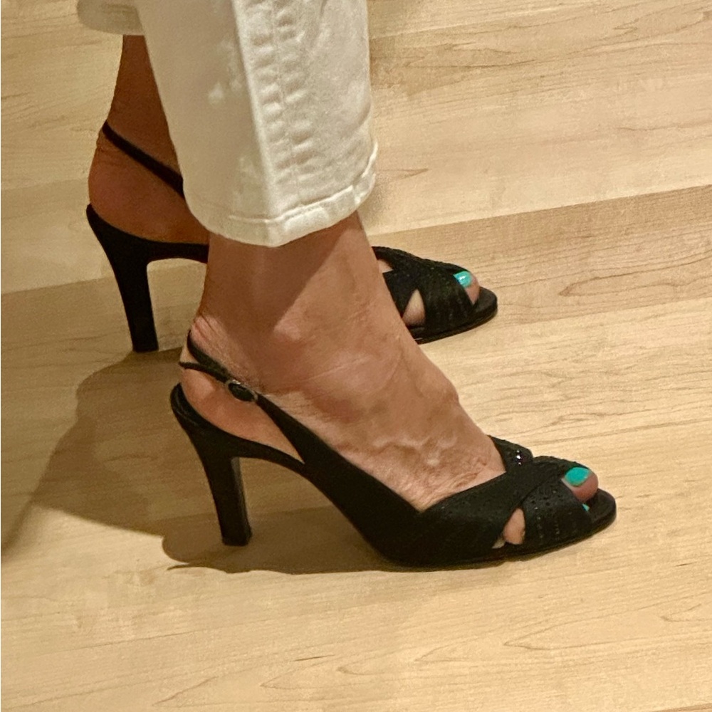 Nina Elegant Black Satin Slingback Heels with Studded Crisscross Straps - Picture 10 of 14